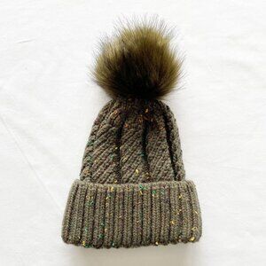 Knitted Speckled Olive Beanie With Faux Fur Pom Pom Detachable Pom  0.55 lb